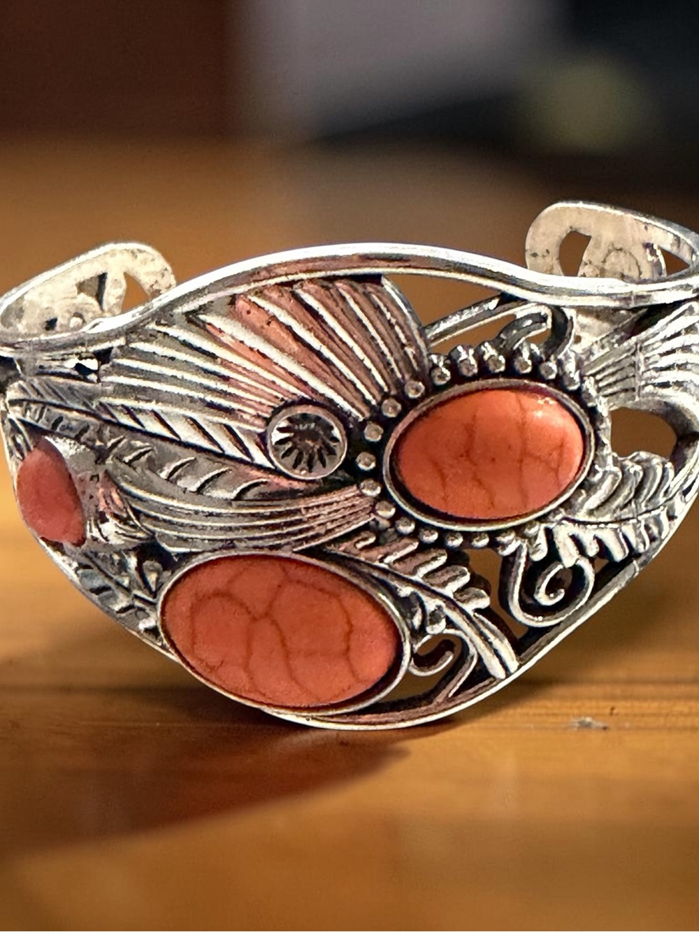 Sterling-Style Silver Cuff Bracelet with Coral-Orange Stones